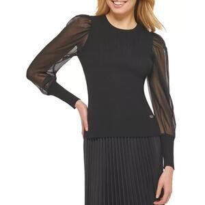 DKNY Black Sheer Sleeve Ribbed Knit Crewneck Mesh Long Sleeve Sweater Top L